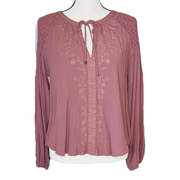ASTR the Label Mauve Claudine Peasant Blouse Long Sleeve Tie Front Embroidered - Picture 3 of 11